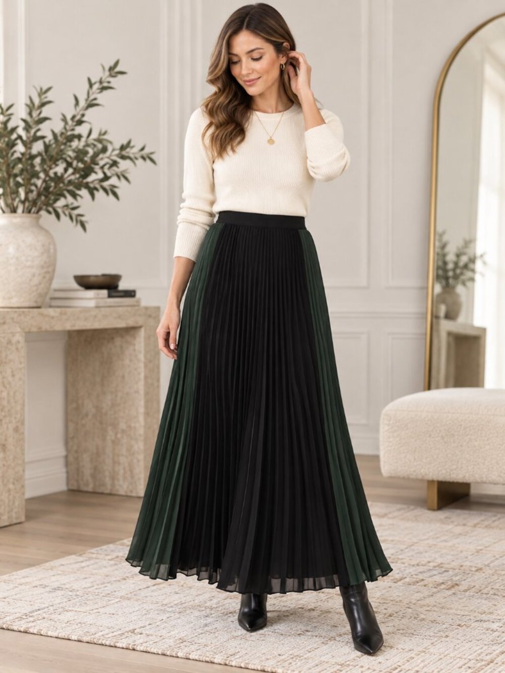 NWT Club Monaco Jessyn Pleated Maxi Skirt 8 Black Green Colorblock Holiday